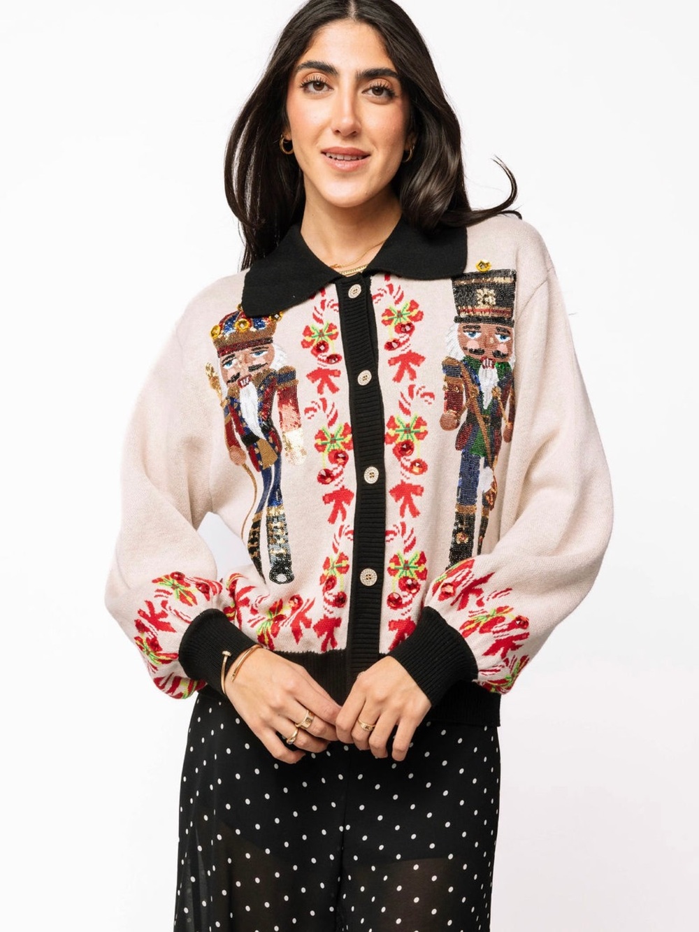 QOS Queen of Sparkles Black Trim Collar Nutcracker & Candy Cane Cardigan